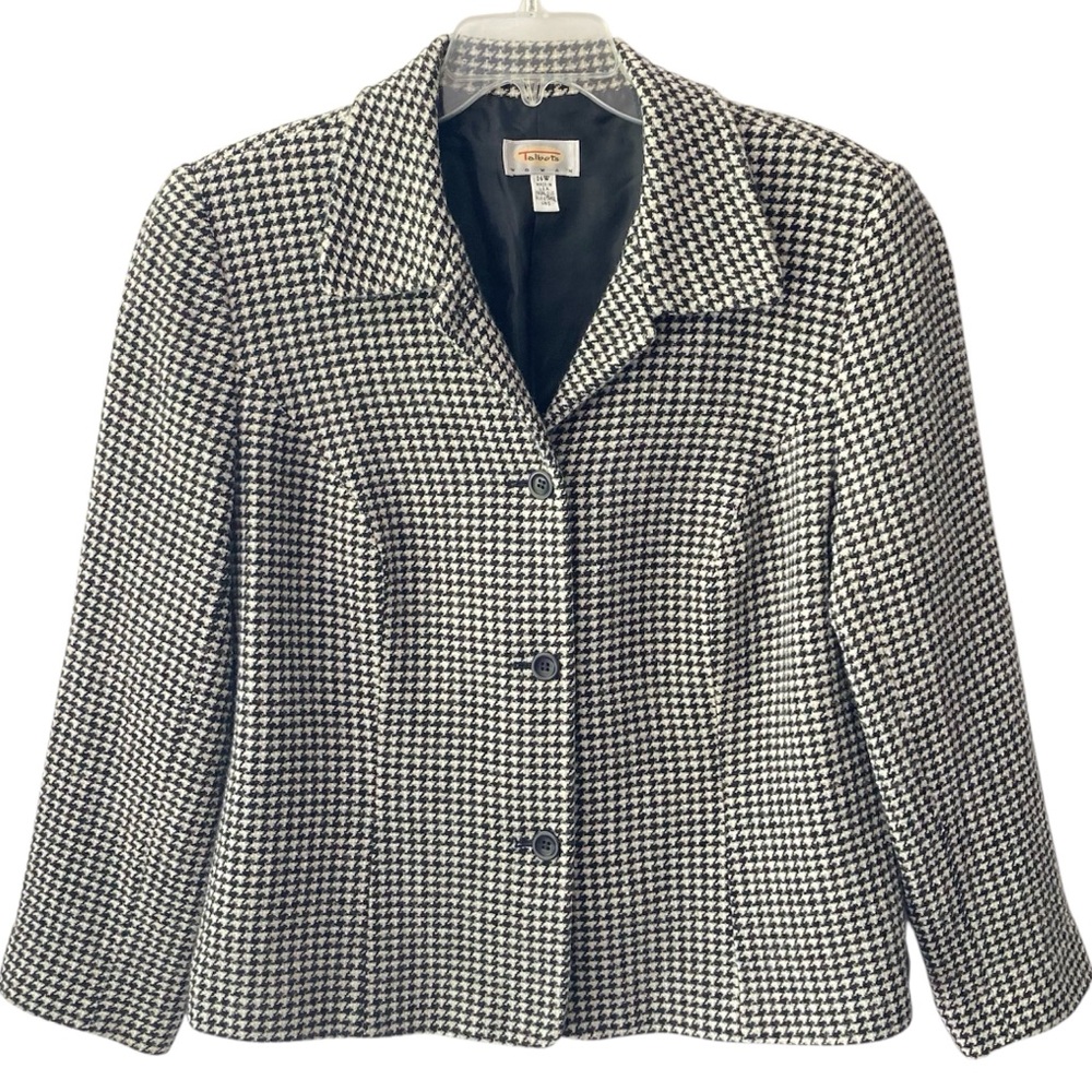 Vintage Talbots Black and White Houndstooth Wool Classic Academia Blazer Jacket